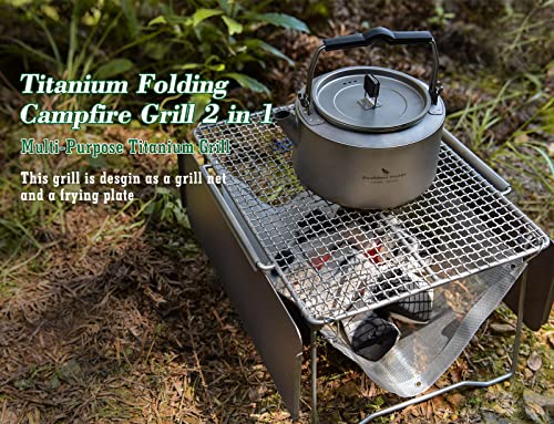 Boundless Voyage Titanium Folding Campfire Grill BBQ Charcoal Collapsible Grilled Net 2 in 1 Portable Grill Camping Table with Frying Plate Portable Folding Legs Outdoor Picnic Backpacking