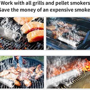 Pellet Smoker Tube, 12'' Stainless Steel Wood Pellet Smoke Tube for Cold/Hot Smoking, Portable Barbecue BBQ Smoke Generator Works with Electric Gas Charcoal Grill Smokers (Hexagon Tube+2Hooks)