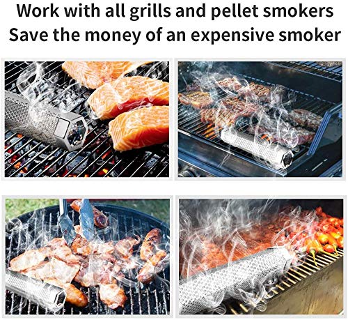 Pellet Smoker Tube, 12'' Stainless Steel Wood Pellet Smoke Tube for Cold/Hot Smoking, Portable Barbecue BBQ Smoke Generator Works with Electric Gas Charcoal Grill Smokers (Hexagon Tube+2Hooks)