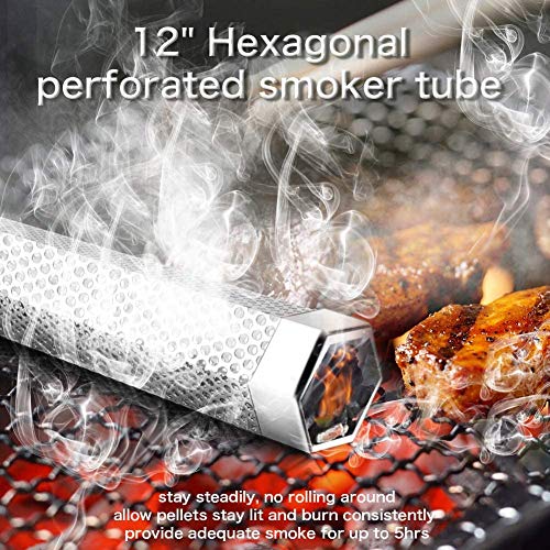 Pellet Smoker Tube, 12'' Stainless Steel Wood Pellet Smoke Tube for Cold/Hot Smoking, Portable Barbecue BBQ Smoke Generator Works with Electric Gas Charcoal Grill Smokers (Hexagon Tube+2Hooks)