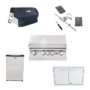 ams fireplace lion 32" natural gas grill package with double access door refrigerator, rotisserie kit, smoker box, grill cover, griddle & griddle remover.