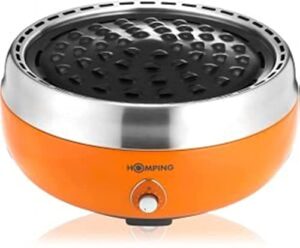 homping grill - ultimate portable charcoal bbq grill. produces less smoke. combined with its electric fan for air/heat control. tailgating grill (orange)