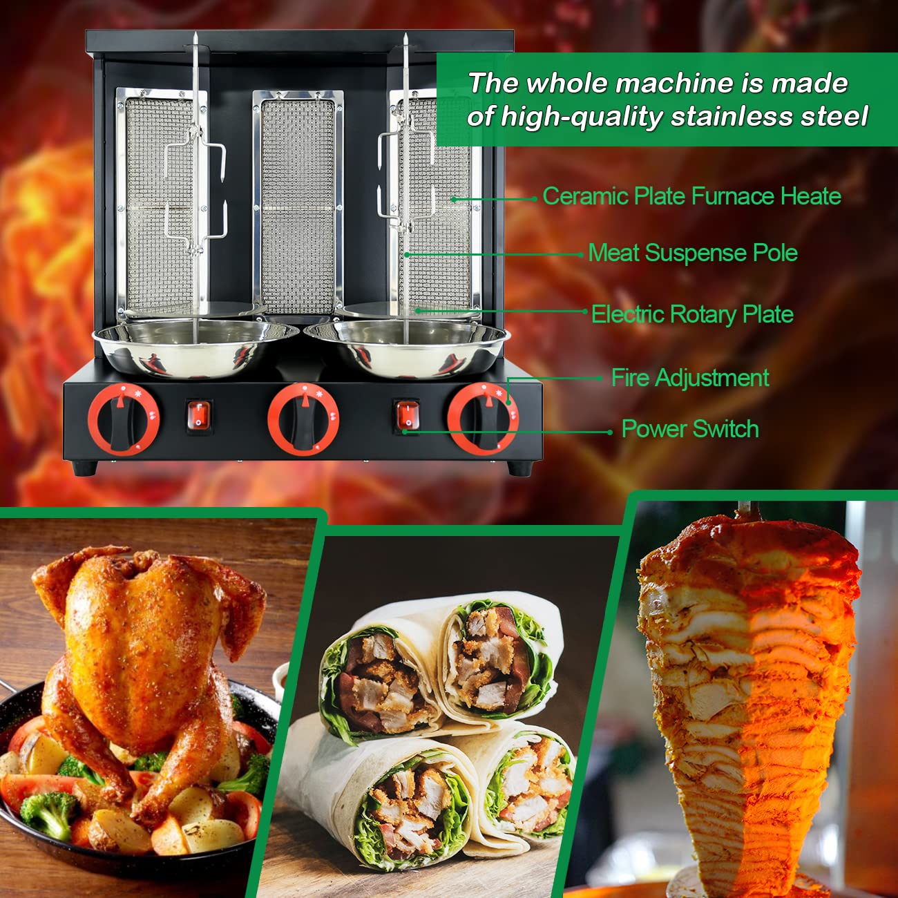 YOOYIST Shawarma Grill Propane Gyro Rotisserie Machine Kebab Doner Automatic Vertical Broiler with 3 Burners
