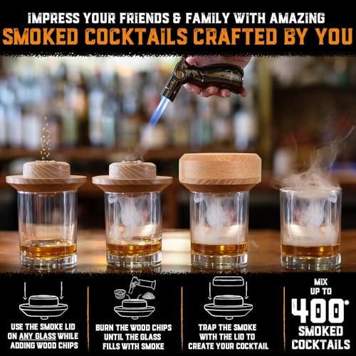 Cocktail Smoker Kit with Torch and Wood Chips Variety Pack for Whiskey and Bourbon (Butane Not Included) - Smoke Lid, an Old Fashioned Drink Smoker Kit and Whiskey Smoker Infuser Kit