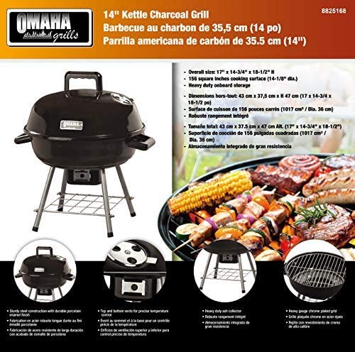 Duke Grills Omaha 14” Kettle Charcoal Grill - Portable Small Grill for BBQs, Camping, RV, Balcony, Boat - Sturdy Steel with Porcelain Finish - 156 square inch cooking surface