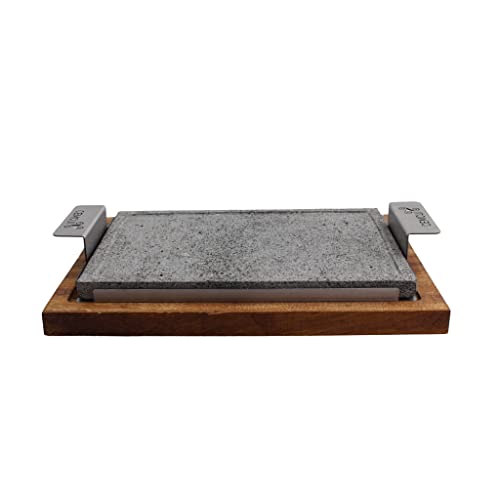 Comal Grill and Serve - 20 x 30 cm Volcanic Stone with Steel Handle Includes Wooden Base