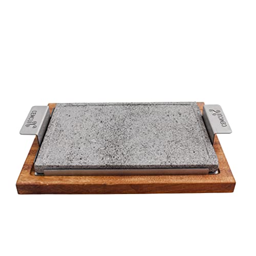 Comal Grill and Serve - 20 x 30 cm Volcanic Stone with Steel Handle Includes Wooden Base