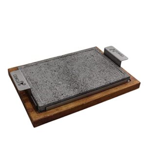 Comal Grill and Serve - 20 x 30 cm Volcanic Stone with Steel Handle Includes Wooden Base