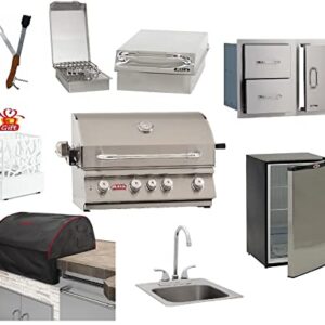 BULL GRILLS The Angus 30" Grill Natural Gas with Single Side Burner, Stainless Steel Sink,Grill Cover, Refrigerator, Door & Drawer Combo with 5 in 1 BBQ Tool Set | FREE Bio-Ethanol Table-top Fire pit