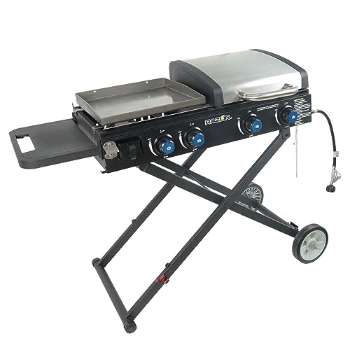 Razor Griddle Portable 4-Burner 40,000 BTU Gas Grill & Griddle Combo with 16" x 16" Cooking Surface Area, Foldable Cart & Steel Lid, Black