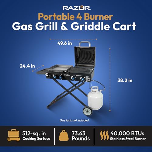 Razor Griddle Portable 4-Burner 40,000 BTU Gas Grill & Griddle Combo with 16" x 16" Cooking Surface Area, Foldable Cart & Steel Lid, Black