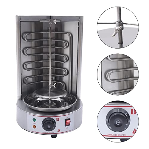 110V Electric Shawarma Grill Machine 3000W Vertical Kebab Grill 50-300℃ Vertical Rotisserie Oven Electric Grill Countertop Gyro Grill Machine for Restaurants, Bars, Barbecue Shops (Two Heating Pipes)