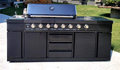 Black Stainless Steel 8 Burner 3 in 1 Island BBQ Outdoor Electric Grill Kitchen, Propane or Natural Gas, with Sink, Side Burner, LED Lights on Knobs, and Free Protective Grill Cover