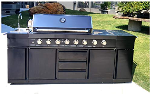 Black Stainless Steel 8 Burner 3 in 1 Island BBQ Outdoor Electric Grill Kitchen, Propane or Natural Gas, with Sink, Side Burner, LED Lights on Knobs, and Free Protective Grill Cover