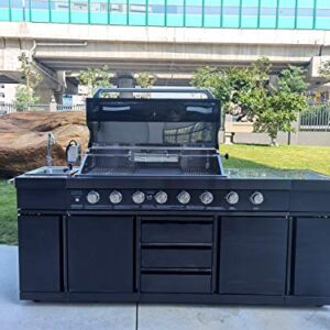 Black Stainless Steel 8 Burner 3 in 1 Island BBQ Outdoor Electric Grill Kitchen, Propane or Natural Gas, with Sink, Side Burner, LED Lights on Knobs, and Free Protective Grill Cover