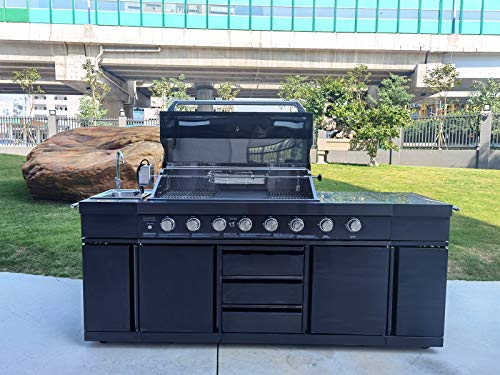 Black Stainless Steel 8 Burner 3 in 1 Island BBQ Outdoor Electric Grill Kitchen, Propane or Natural Gas, with Sink, Side Burner, LED Lights on Knobs, and Free Protective Grill Cover