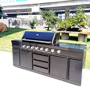 Black Stainless Steel 8 Burner 3 in 1 Island BBQ Outdoor Electric Grill Kitchen, Propane or Natural Gas, with Sink, Side Burner, LED Lights on Knobs, and Free Protective Grill Cover