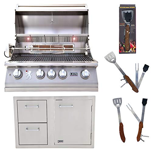 Lion Premium Grills 32-Inch Natural Gas Grill L75000 and Door and Drawer Combo with Towel Rack with 5 in 1 BBQ Tool Set Package Deal