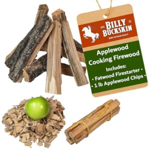 applewood cooking wood for wood fire | apple firewood logs | fruity flavors, includes apple chips and fatwood firestarter sticks | by billy buckskin co.