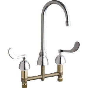chicago faucets 786-e3abcp deck mount 8-inch widespread kitchen faucet with wristblade handles, chrome by chicago faucets