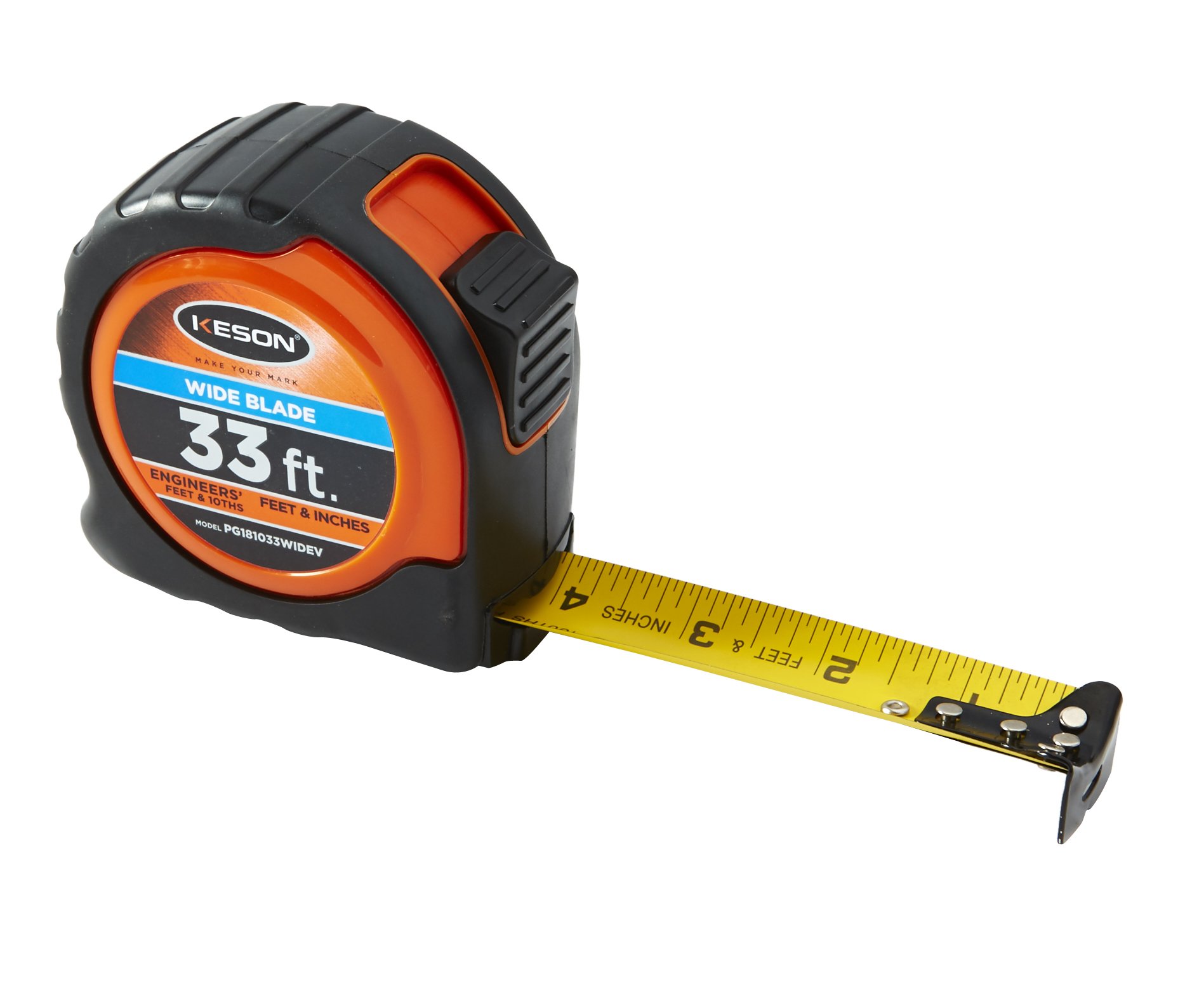 Keson PG181033WIDEV Short Tape Measure with Nylon Coated Steel Wide Blade (Graduations: 1/10, 1/100 & ft., in., 1/8), 1-3/16-Inch by 33-Foot