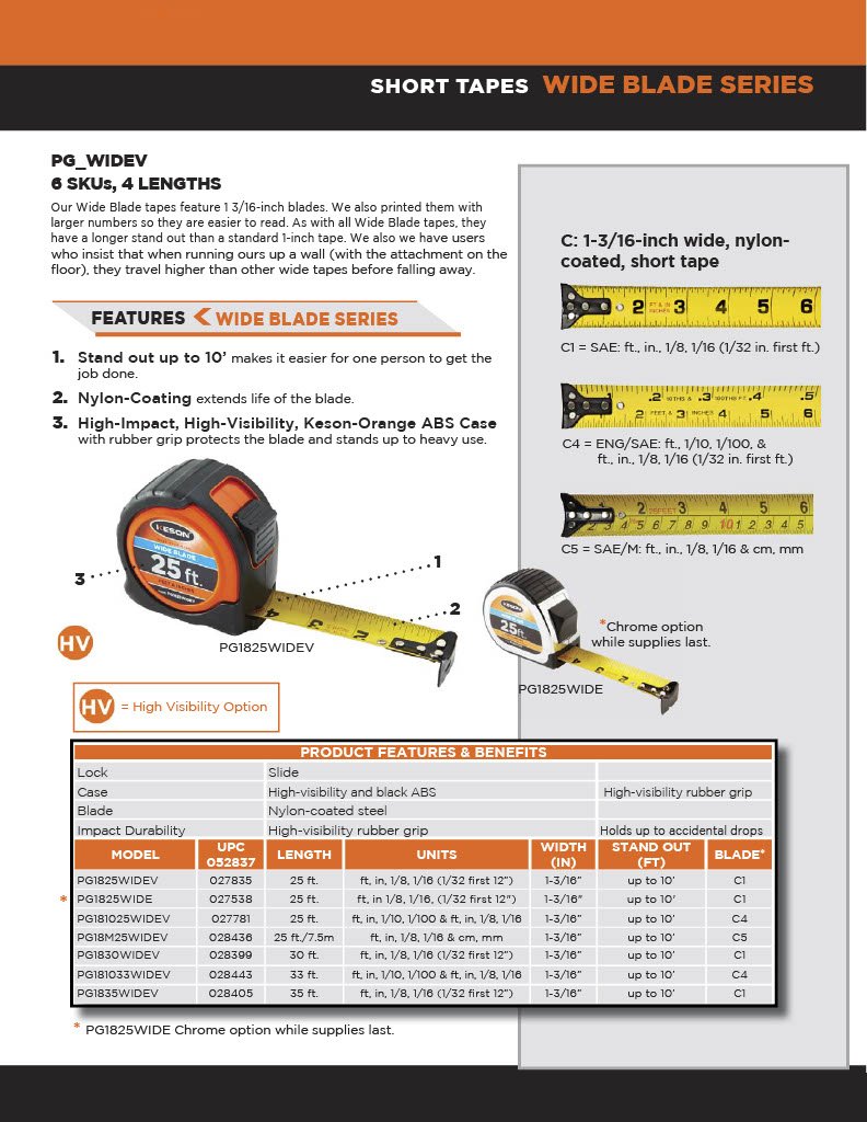 Keson PG181033WIDEV Short Tape Measure with Nylon Coated Steel Wide Blade (Graduations: 1/10, 1/100 & ft., in., 1/8), 1-3/16-Inch by 33-Foot