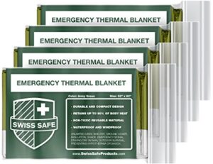 swiss safe emergency blankets for survival kit - mylar thermal blankets - nasa-designed body warmer for camping, hiking & outdoor activities, bug out bag - 4 pack w/bonus gold foil space blanket fit