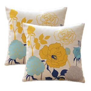 sykting blue and yellow pillow covers farmhouse cotton linen outdoor throw pillow covers 18x18 inch decorative for couch sofa patio porch flowers pattern pack of 2