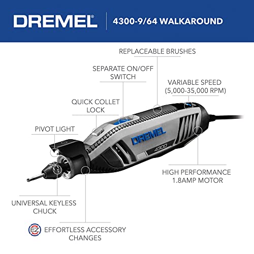 Dremel 4300-9/64 Versatile Corded Rotary Tool Kit with Flex Shaft and Hard Storage Case, High Power & Performance, Variable Speed- Engraver, Etcher, Sander, and Polisher, Ultimate Gift for the DIYER