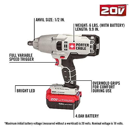 PORTER-CABLE 20V MAX Impact Wrench, 1/2-Inch (PCC740LA)