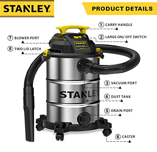 Stanley SL18117 Wet/Dry Vacuum, 8 Gallon, 4 Horsepower, 4.0 HP, Silver