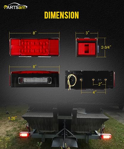 Partsam 12V LED Submersible Low Profile Rectangular Trailer Lights, Waterproof LED Combination Trailer Tail Light Kit Stop Brake License Plate Turn Running Lights Sealed for Boat Trailer Lights Truck