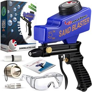 le lematec as118 sand blaster gun kit for air compressor, paint/rust remover for metal, wood & glass etching, up to 150 psi blasting media for aluminum, sand, walnut shells & soda blaster jobs, blue
