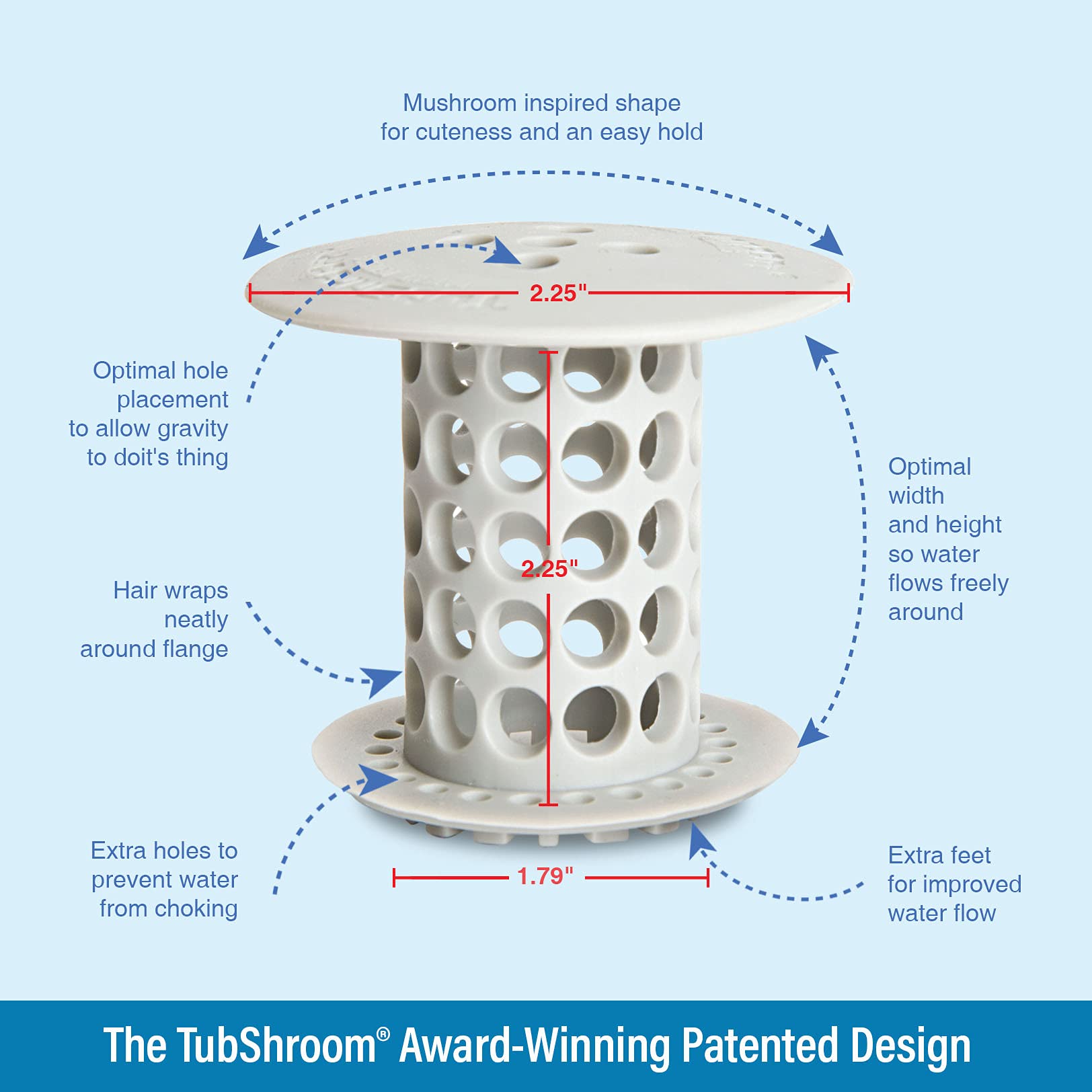 TubShroom Tub Hair Catcher Protector, Fits 1.5" - 1.75" Drain, Gray