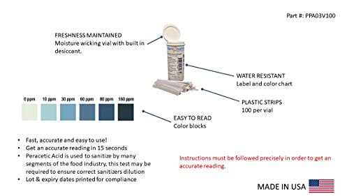 Peracetic Acid Test Strips, 0-160 ppm [Vial of 100 Strips]