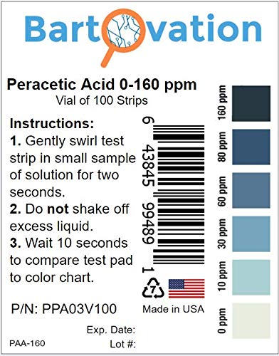 Peracetic Acid Test Strips, 0-160 ppm [Vial of 100 Strips]