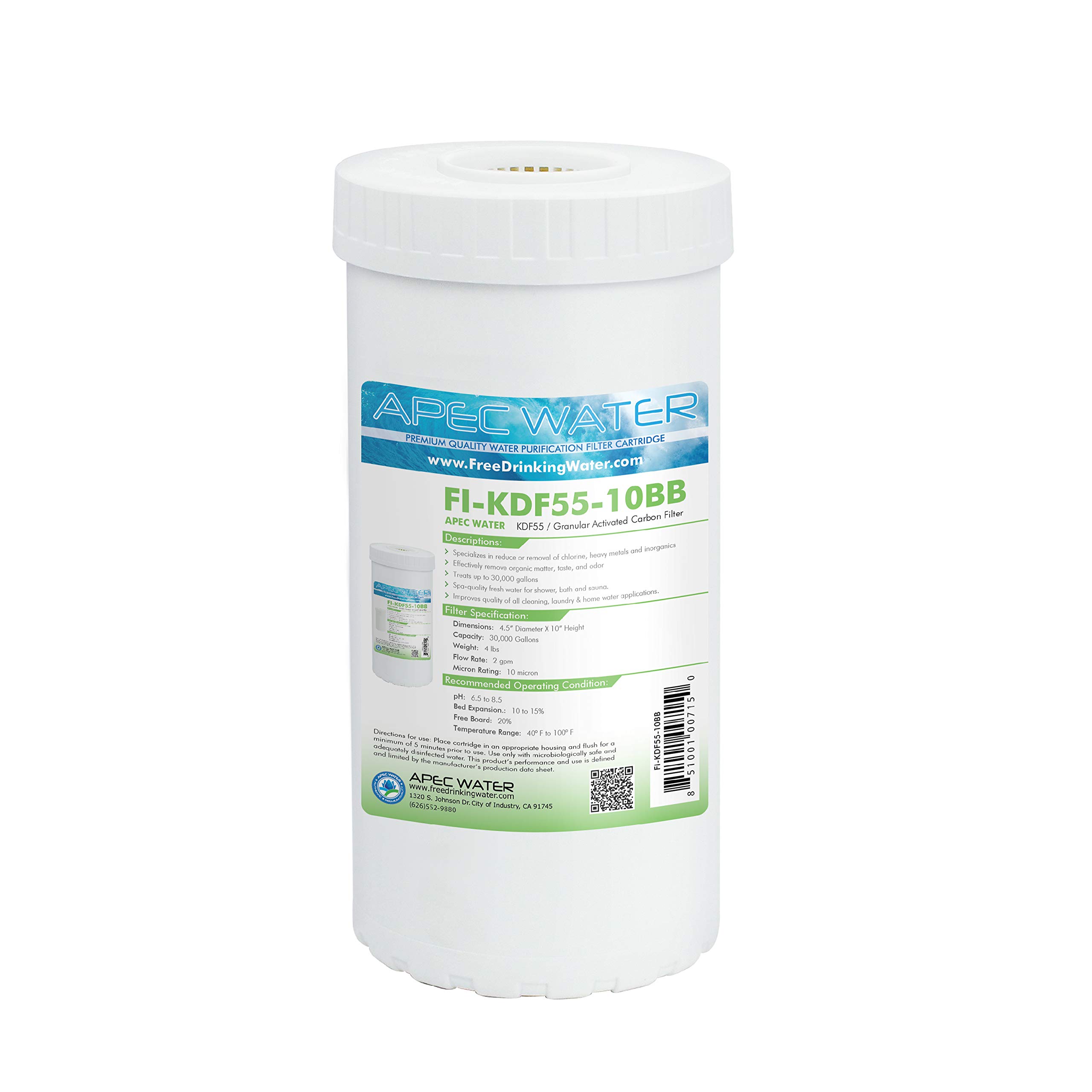 APEC Water US Made Whole House Heavy Metals Removal KDF55 / GAC Carbon Filter 4.5" x 10" (FI-KDF55-10BB)