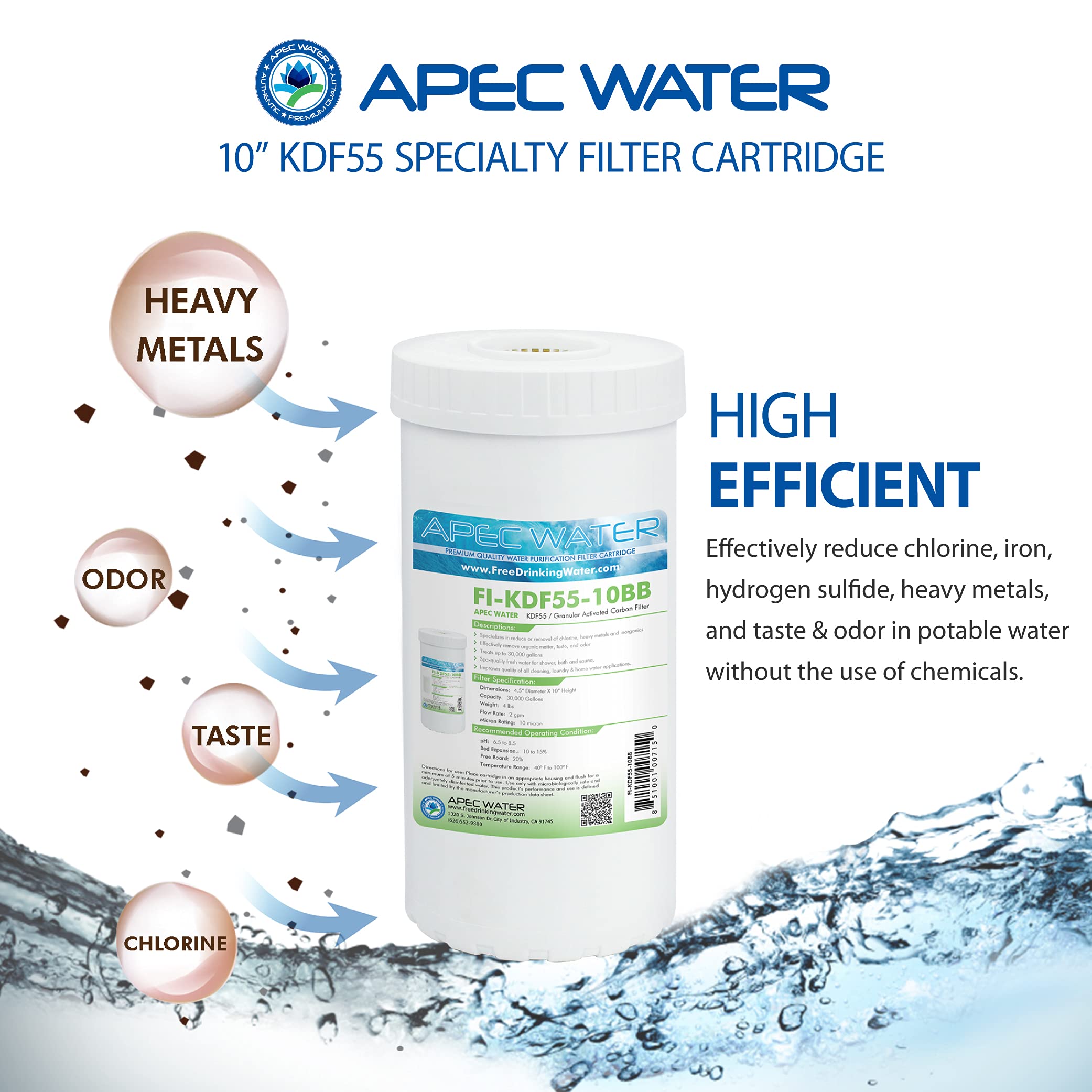 APEC Water US Made Whole House Heavy Metals Removal KDF55 / GAC Carbon Filter 4.5" x 10" (FI-KDF55-10BB)