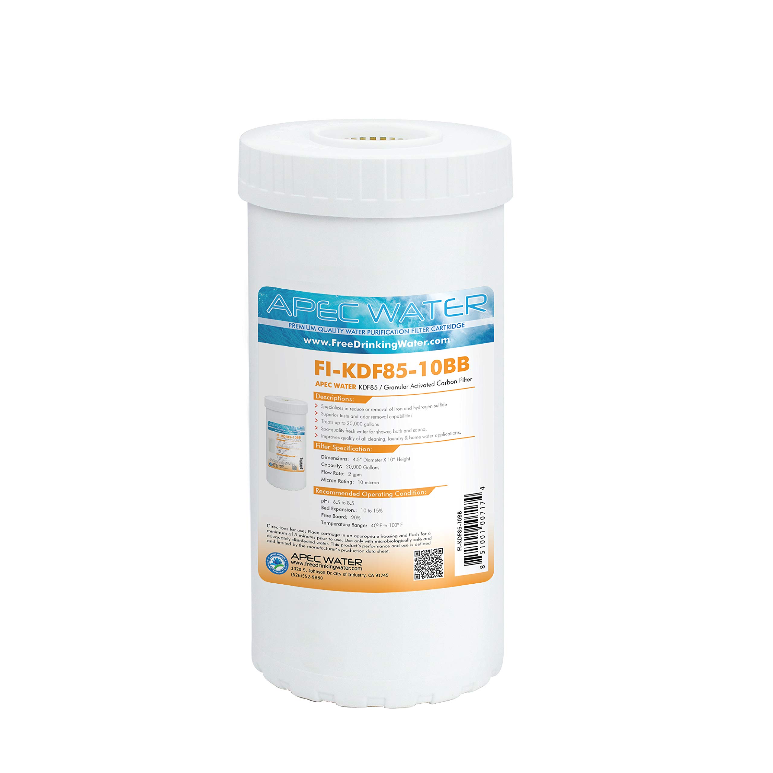 APEC Water Systems FI-KDF85-10BB US Made Iron and Hydrogen Sulfide Reduction Replacement Water Filter 4.5"x10", White