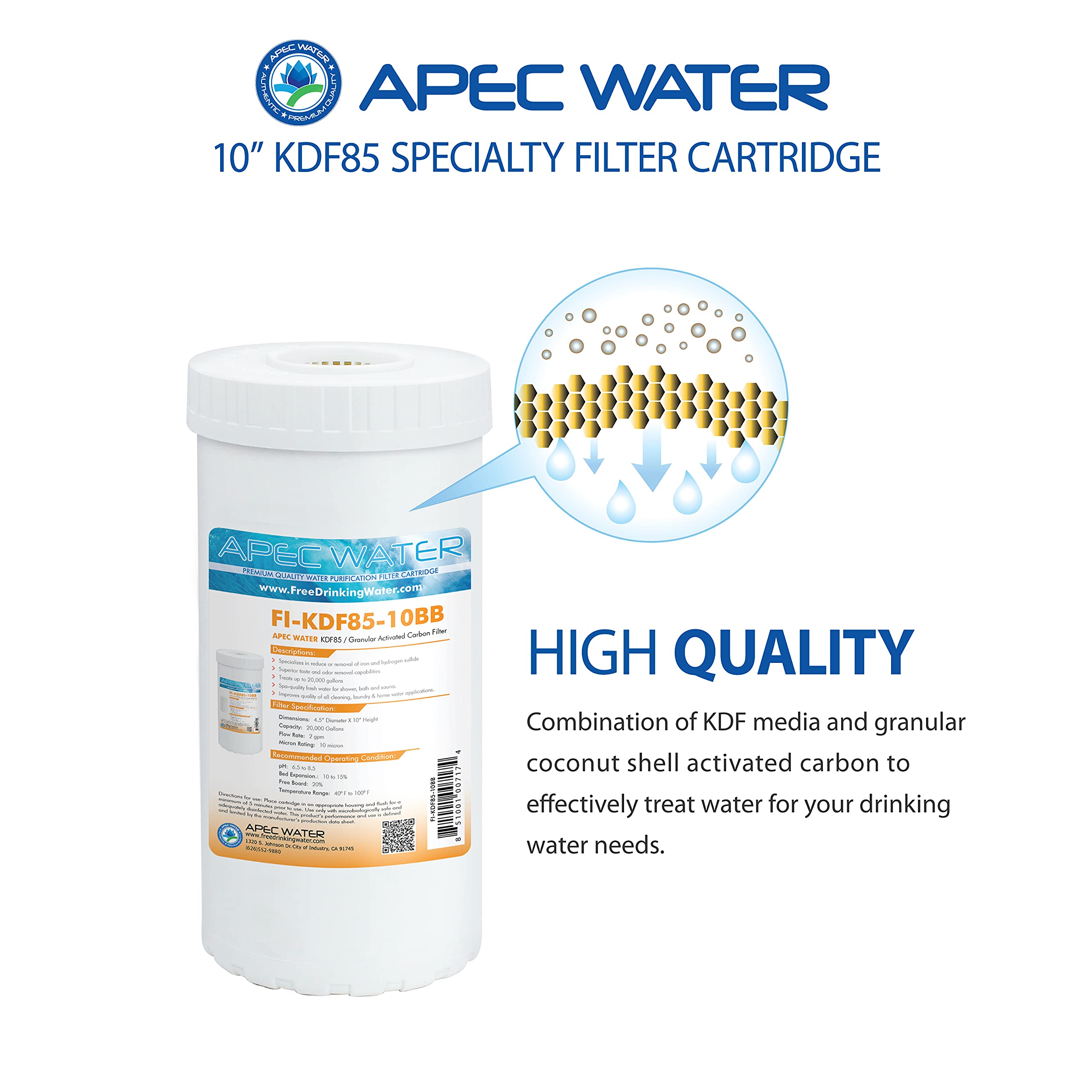 APEC Water Systems FI-KDF85-10BB US Made Iron and Hydrogen Sulfide Reduction Replacement Water Filter 4.5"x10", White