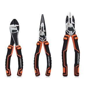 vanquish 3-piece pliers set with wire jaw diagonal cutting pliers, long needle nose pliers and linemans pliers tool set (3192)