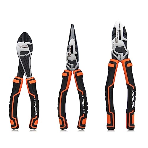 VANQUISH 3-Piece Pliers Set with Wire Jaw Diagonal Cutting Pliers, Long Needle Nose Pliers and Linemans Pliers Tool Set (3192)