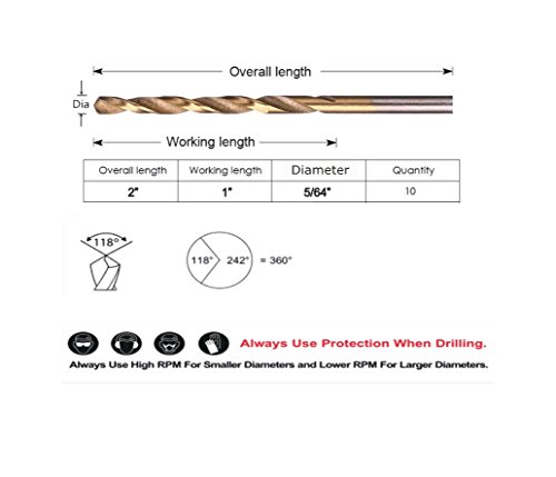 DrillForce 10pcs 5/64" Titanium Drill Bits, High Speed Steel Twist Drill Bits, Jobber Length, Round Shank. Ideal for DIY, Home, General Building and Engineering Using.