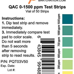 Quaternary Ammonium (QAC, Multi Quat) Sanitizer Test Strips, 0-1500 ppm [Vial of 50 Strips]