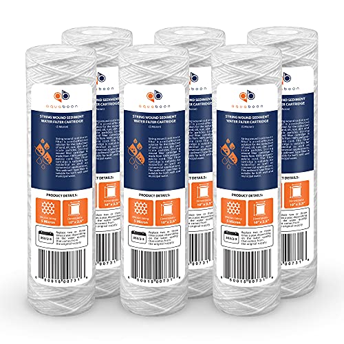 Aquaboon 5 Micron 10" x 2.5" String Wound Sediment Water Filter Cartridge | Universal Replacement for Any 10 inch RO Unit | Compatible with WP-5, AP110, CFS110, P5, WFPFC4002, WP-5, CW-MF, 6-Pack