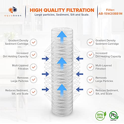 Aquaboon 1 Micron 20" ч 4.5" String Wound Sediment Water Filter Cartridge | Whole House Sediment Filtration | Compatible with PC40-20, WP1BB20P, 355222-45, WPP-45200-01, WPP-45200-01, 84650, 1-Pack