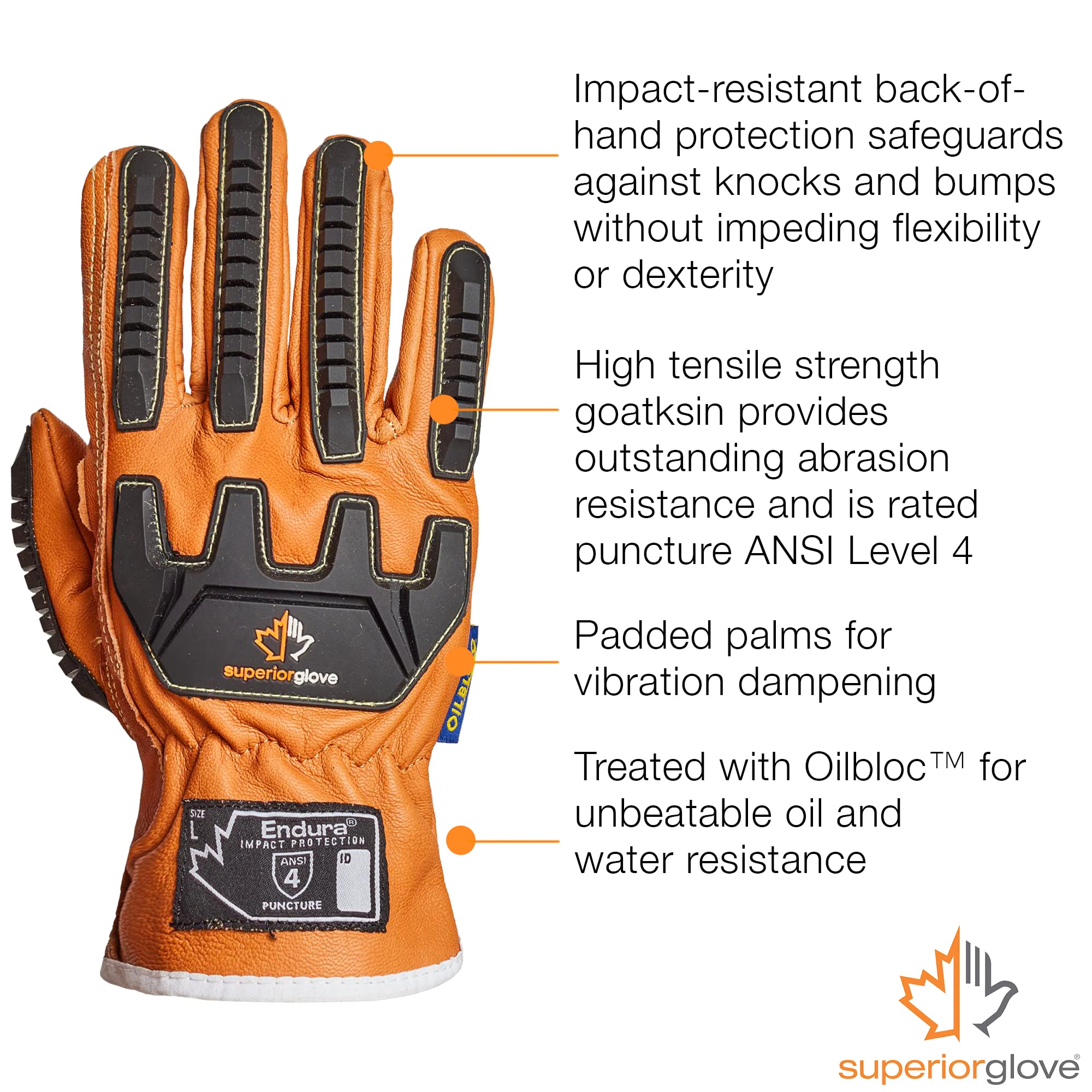 Superior Goatskin Leather Work Gloves - Anti-Impact Backing Hand Protection – Endura Safety Gloves Oil and Water Resistant 378GKVSB (1 Pair) Size Large