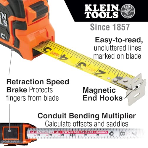 Klein Tools 86225 Tape Measure, 25-Foot Double Hook Magnetic with Finger Brake, Easy to Read Bold Lines