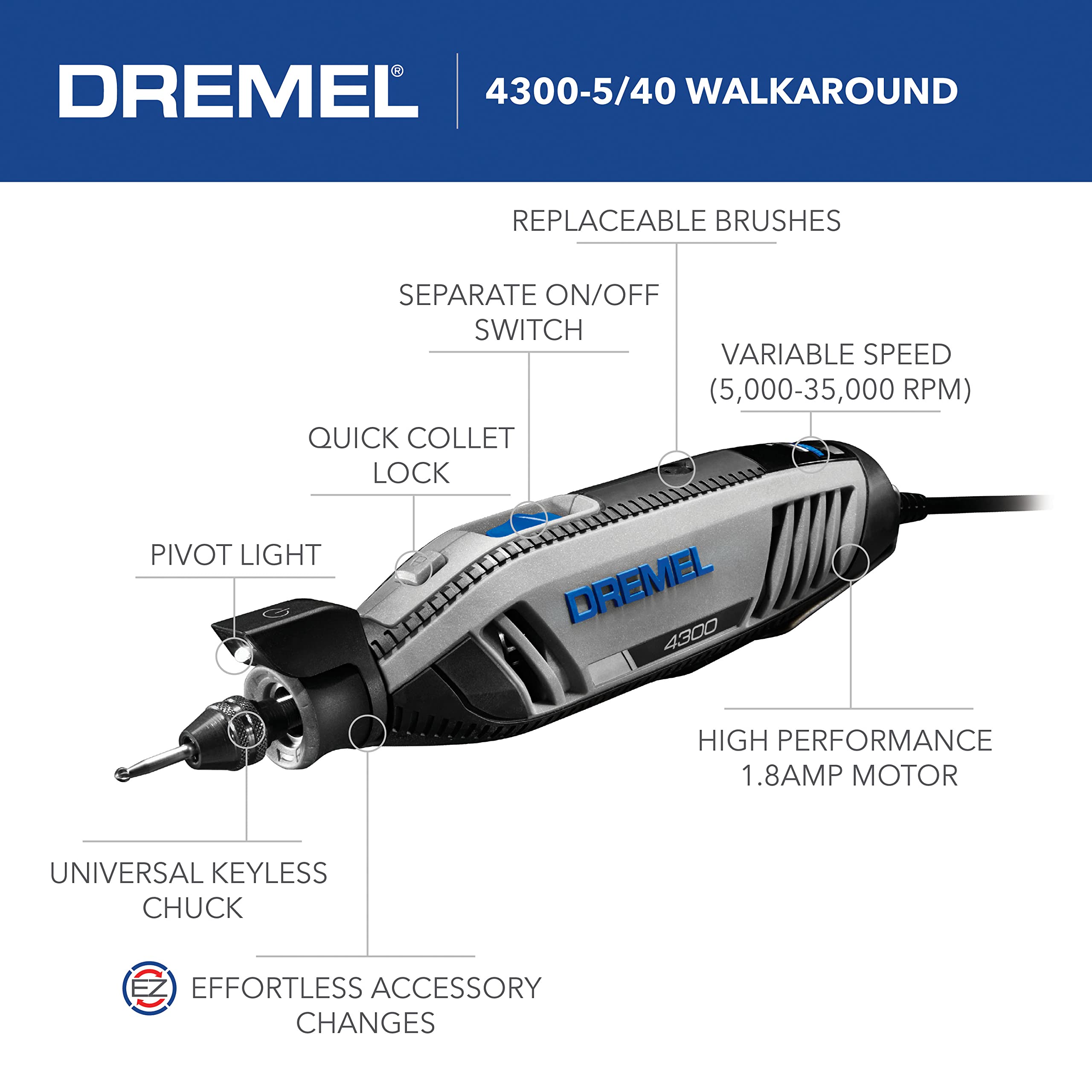 Dremel 4300-5/40 High Performance Rotary Tool Kit with LED Light- 5 Attachments & 40 Accessories- Engraver, Sander, and Polisher- Perfect for Grinding, Cutting, Wood Carving and Engraving , 9" Long