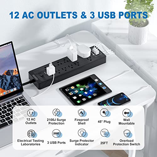 Flat Plug Extension Cord 25 Ft, NTONPOWER Surge Protector Power Strip with 12 Outlets(2 Widely Space) 3 USB, Overload Protection Switch, 2100 Joules, Wall Mount for Home Office and Workbench, Black